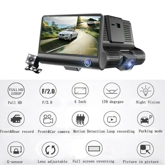 SnapSpy™ 1080P 4" Dual Lens HD Car Dash Cam – Rearview DVR Recorder with G-Sensor