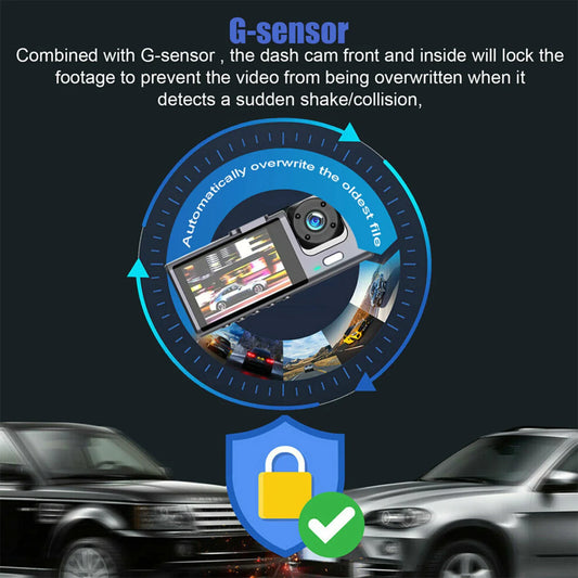 SnapSpy™ Car Dual Lens Dash Cam – 1080P HD Front/Rear/Inside Video Recorder with G-Sensor