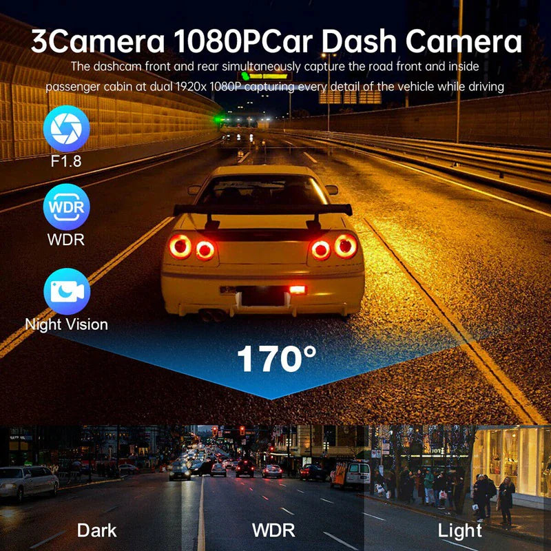 SnapSpy™ Car Dual Lens Dash Cam – 1080P HD Front/Rear/Inside Video Recorder with G-Sensor