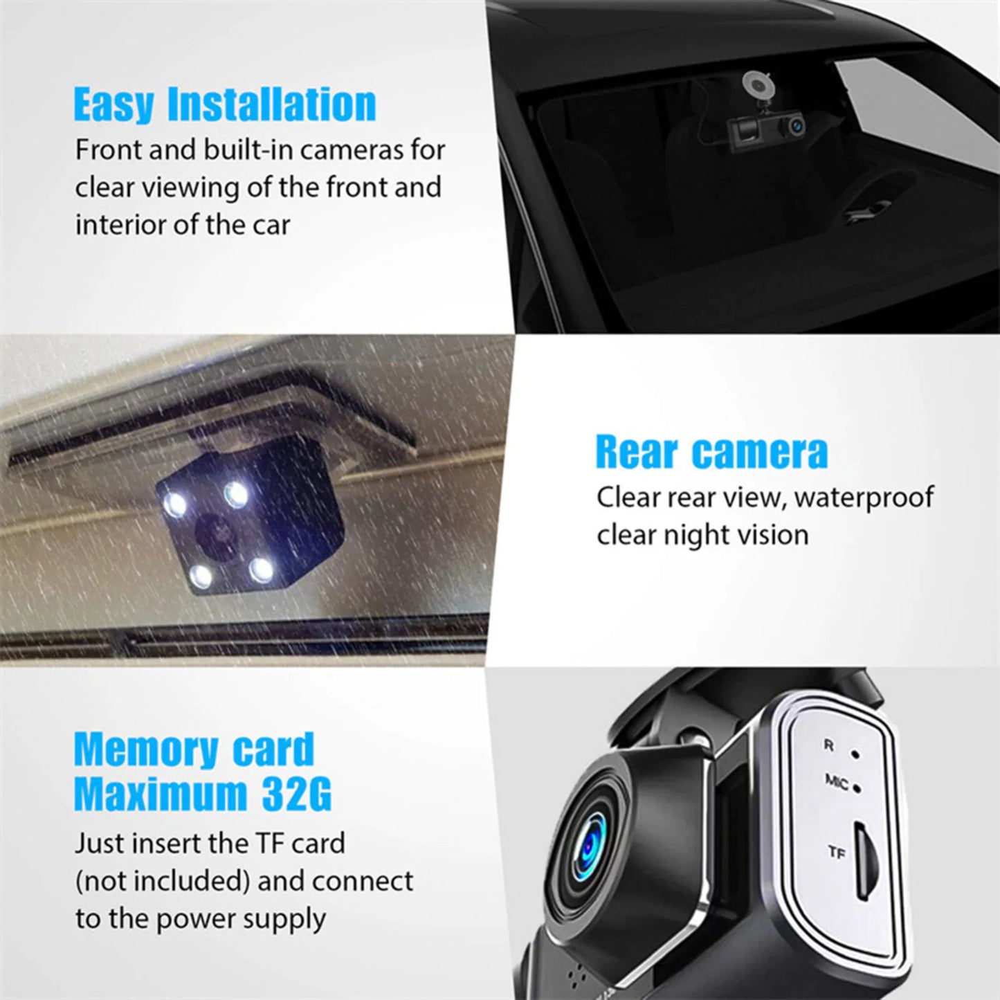 SnapSpy™ Car Dual Lens Dash Cam – 1080P HD Front/Rear/Inside Video Recorder with G-Sensor