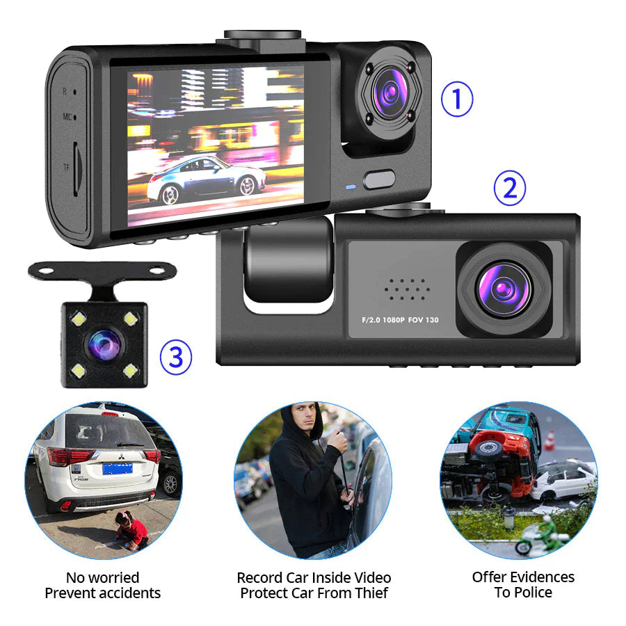 SnapSpy™ Car Dual Lens Dash Cam – 1080P HD Front/Rear/Inside Video Recorder with G-Sensor