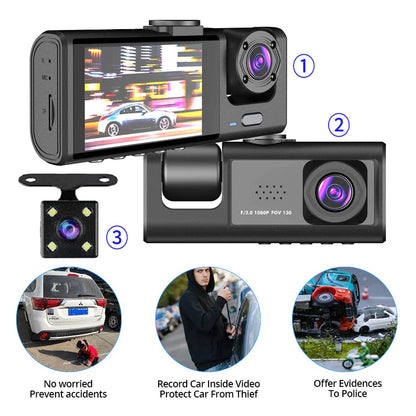 SnapSpy™ Car Dual Lens Dash Cam – 1080P HD Front/Rear/Inside Video Recorder with G-Sensor