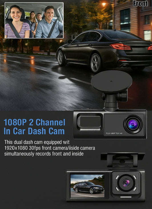 SnapSpy™ Car Dual Lens Dash Cam – 1080P HD Front/Rear/Inside Video Recorder with G-Sensor