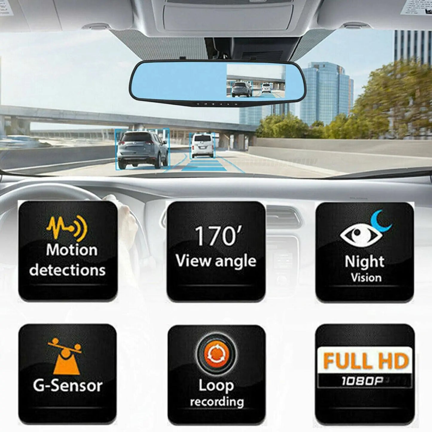 SnapSpy™ 1080P HD Rearview Mirror Car DVR – Dual Dash Cam Front & Rear Video Recorder