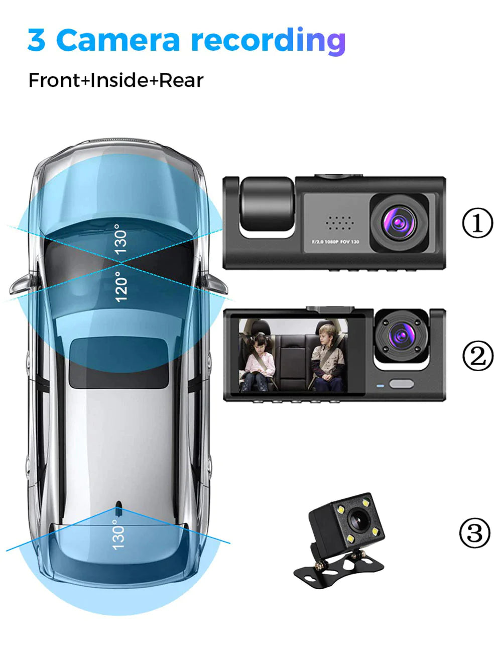 SnapSpy™ Car Dual Lens Dash Cam – 1080P HD Front/Rear/Inside Video Recorder with G-Sensor