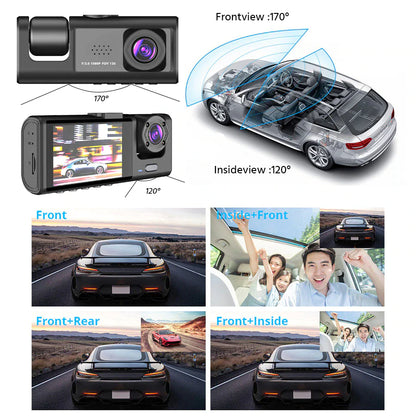 SnapSpy™ Car Dual Lens Dash Cam – 1080P HD Front/Rear/Inside Video Recorder with G-Sensor
